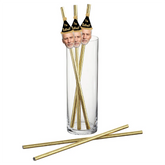 A set of custom retirement party photo straws with gold foil ends, featuring photos of three men's faces on the straws, placed in a clear glass.